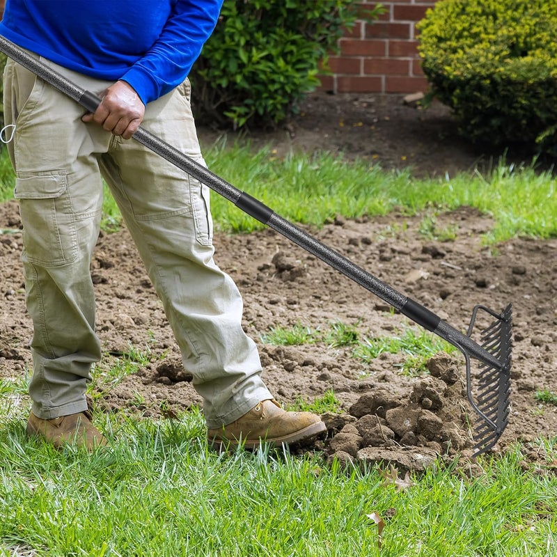 DIIG 63'' Bow Rake ，17 Tines Metal Head Rakes with Stainless Steel Handle，Heavy Duty Garden Rake for Loosening Soil Gathering Leaf Leveling Lawn Farming Land Management Yarn Thatch Rake - Image 5